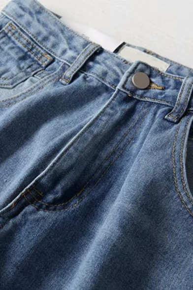 Classic Womens Jeans Faded Wash Pockets Zipper Fly Full Length High Waist Wide Leg Jeans