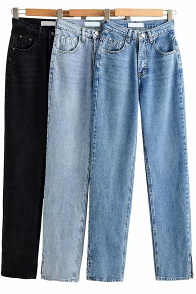 Classic Womens Jeans Faded Wash Zipper Fly High Waist Floor Length Split-Cuff Straight Jeans