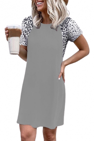 Girls Leisure Dress Leopard Print Short Sleeve Crew Neck Short A-line Dress