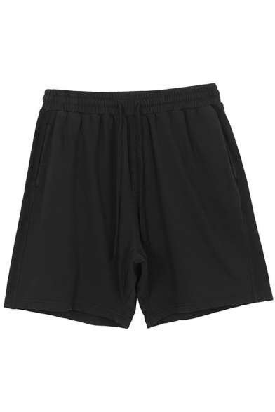 Guys Classic Shorts Solid Color Drawstring Waist Straight Shorts in Black
