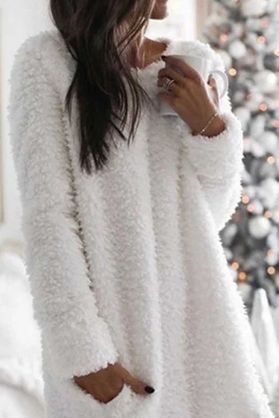 Leisure Girls Dress Fuzzy Solid Color Long Sleeve Round Neck Short Relaxed Dress