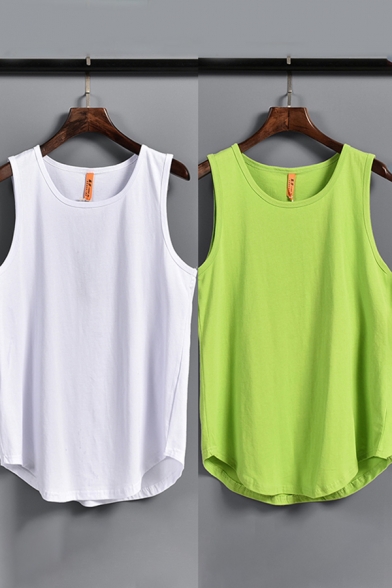 Leisure Mens Tank Solid Color Crew Neck Curved Hem Relaxed Tank Top