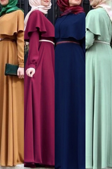 Popular Womens Dress Solid Color Long Sleeve Crew Neck Patchwork Belted Waist Maxi A-line Dress