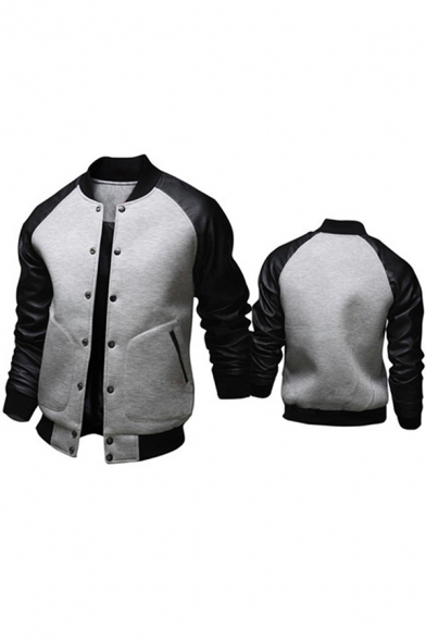 Trendy Mens Jacket Contrast Leather Patchwork Button up Slim Stand Collar Long Raglan Sleeve Varsity Jacket