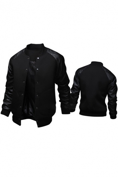 Trendy Mens Jacket Contrast Leather Patchwork Button up Slim Stand Collar Long Raglan Sleeve Varsity Jacket