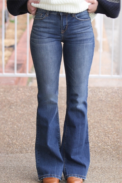 Basic Dark Blue Low Waist Full Length Fitted Flared Jeans for Women