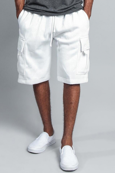 Basic Mens Shorts Plain Flap Pockets Drawstring Waist Straight Shorts