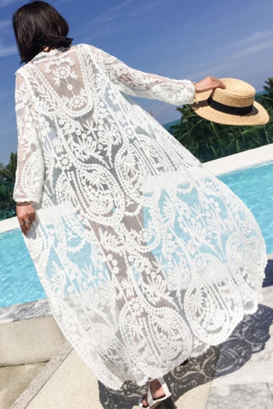 Chic Womens Coat Embroidered Lace Open Front Oversize Long Sleeve Cover-up Coat in White