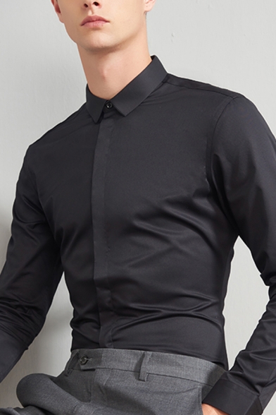 Classic Mens Business Shirt Solid Color Button down Slim Fit Long Sleeve Point Collar Shirt