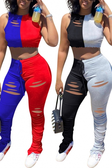 Classic Womens Co-ords Two-Tone Ripped Hole Round Neck Sleeveless Cropped Tank Top Drawstring Waist Skinny Fit Stacked Pants Set