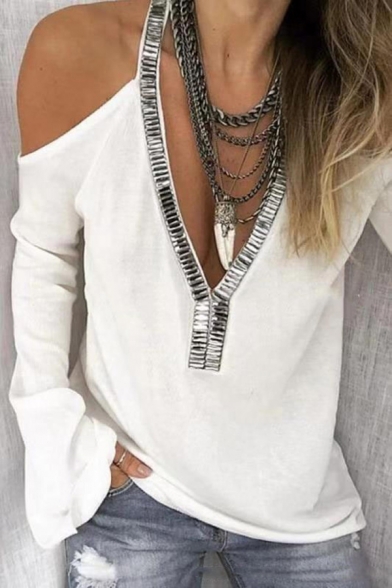 Classic Womens T-Shirt Sequin Detail Relaxed Fit Cold Shoulder Deep V Neck Long Sleeve T-Shirt