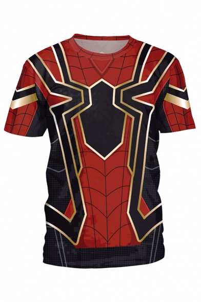 Cool 3D Geometric Spider Pattern Basic Round Neck Short Sleeve Red T-Shirt