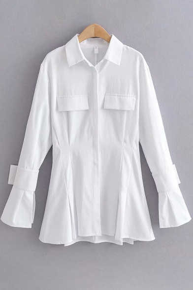 Fashionable Womens Dress Plain Color Pleated-Waist Turn down Collar Long Sleeve Mini A-Line Slim Fit Shirt Dress