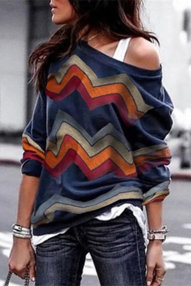 Fashionable Womens T-Shirt Zigzag Pattern Long Sleeve Boat Neck Loose Fit Tee Shirt