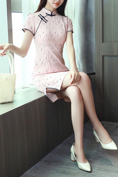 Gorgeous Ladies Dress Ditsy Floral Print Short Sleeve Mandarin Collar Frog Button Short Shift Dress