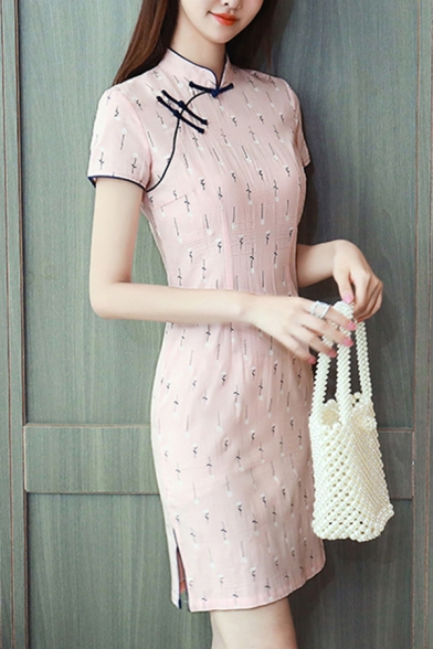 Gorgeous Ladies Dress Ditsy Floral Print Short Sleeve Mandarin Collar Frog Button Short Shift Dress