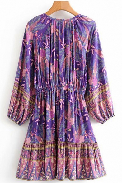 Leisure Womens Dress Floral Patterned Long Sleeve Crew Neck Drawstring Waist Short A-line Dress in Purple