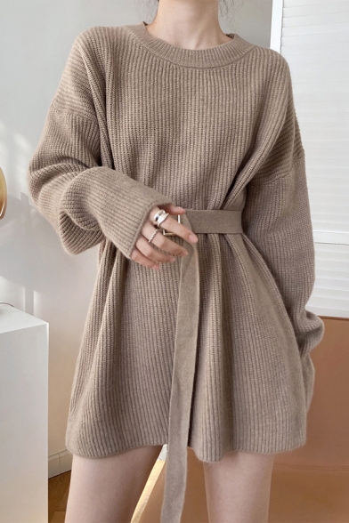 Popular Womens Dress Knit Long Sleeve Crew Neck Tied Waist Short Relaxed Sweater Plain Dress