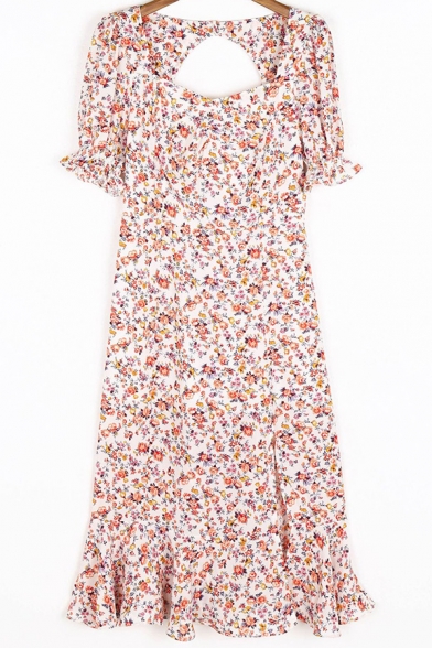 Stylish Womens Dress Ditsy Flower Print Short Sleeve Square Neck Slit Ruffled Short A-line Dress
