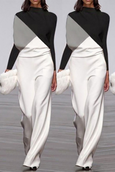 Trendy Womens Jumpsuit Contrasted Long Sleeve Mock Neck Long Wide-leg Jumpsuit in White
