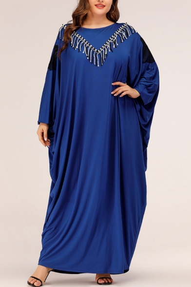 Womens Dress Stylish Fringe Detail Muslim Long Batwing Sleeve Round Neck Relaxed Fit Floor Length Robe Dress