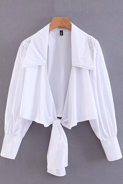 Womens Shirt Stylish Checkered Pattern Tie-Hem Long Lantern Sleeve Turn down Collar Slim Fit Open Front Shirt