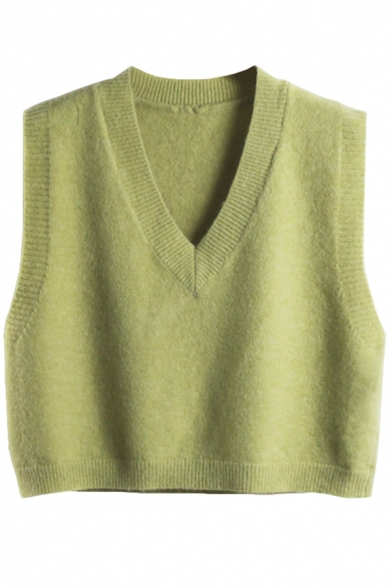 Womens Sweater Vest Stylish Solid Color Cropped V Neck Sleeveless Loose Fit Sweater Vest