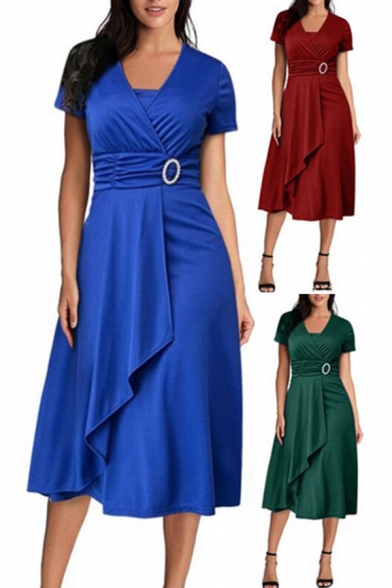 Womens Trendy Dress Plain Short Sleeve Surplice Neck Belted Waist Mid Wrap Dress