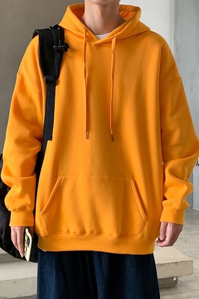 Basic Hoodie Mens Solid Color Thick Drawstring Kangaroo Pocket Relaxed Fit Long Sleeve Hoodie