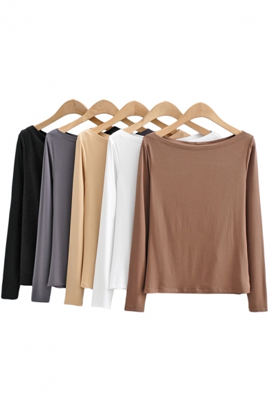 Basic T-Shirt Womens Solid Color Boat Neck Long Sleeve Slim Fit Bottoming T-Shirt