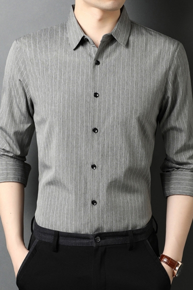 Casual Guys Shirt Stripe Print Long Sleeve Spread Collar Button Up Slim Fit Shirt Top