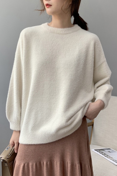 Casual Womens Sweater Knitted Solid Color Long Sleeve Crew Neck Loose Fit Pullover Sweater Top
