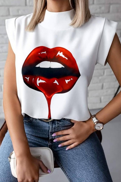 Chic Womens Shirt Eyelash Lip Plant Pattern Plain Cap Sleeve Stand Collar Loose Fit Tee Top