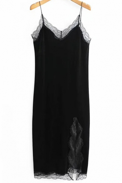 Classic Womens Dress Lace Trim Split Detail Spaghetti Strap Midi Slip Dress in Black