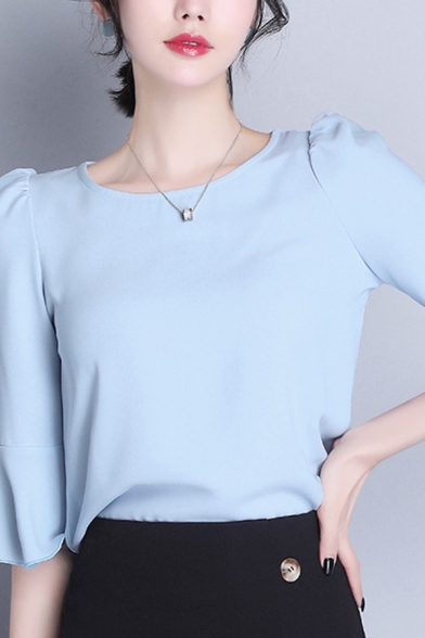 Elegant Womens Shirt Solid Color Bell Sleeve Crew Neck Regular Fit Shirt Top
