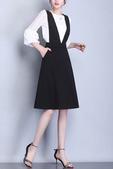 Fashion Girls Dress Plunge Neck Sleeveless Plain Mid Pleated A-line Dress in Black