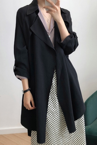 Fashion Ladies Coat Solid Color Long Sleeve Notched Collar Bow Tied Waist Longline Loose Fit Trench Coat