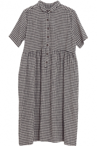 Fashion Womens Dress Checkered Print Half Sleeve Collarless Button Up Mid Swing Shirt Dress