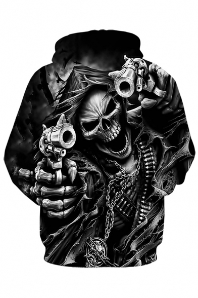 Hot Fashion Cool Gun Skull 3D Printed Long Sleeve Black Loose Drawstring Hoodie