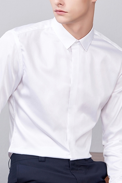 Leisure Guys Shirt Plain Long Sleeve Spread Collar Button Up Slim Fitted Shirt Top