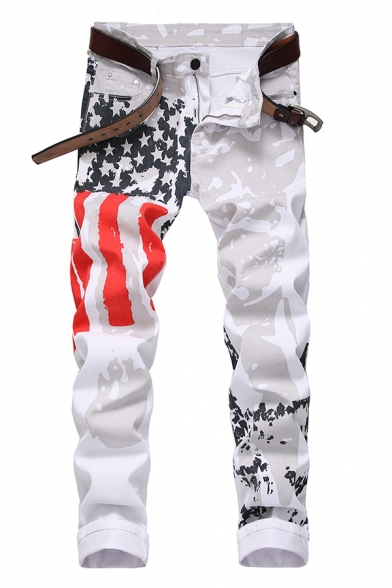 Men's Popular Fashion American Flag Printed White Casual Stretched Slim Fit Jeans
