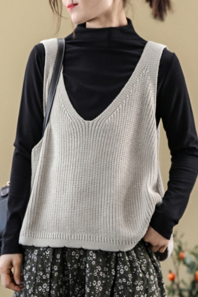 Simple Womens Vest Knitted Solid Color Deep V-neck Relaxed Fit Vest