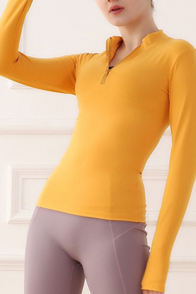 Sports Womens T-Shirt Solid Color Quick Dry Skinny Fit Long Sleeve Zipper Collar Yoga Tee Jacket