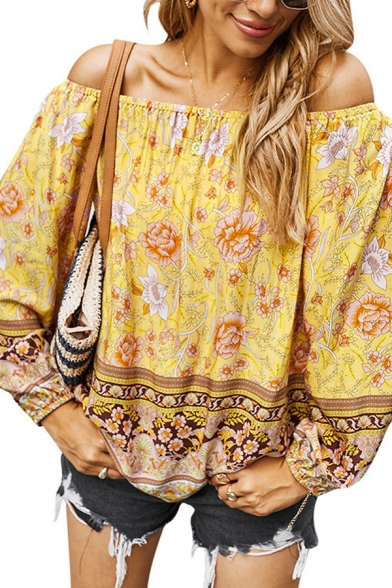 Summer Womens Shirt Floral Printed Long Sleeve Off the Shoulder Loose Fit Shirt Top