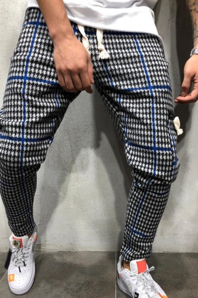 Trendy Pants Houndstooth Print Drawstring Waist Ankle Length Fitted Pants for Guys