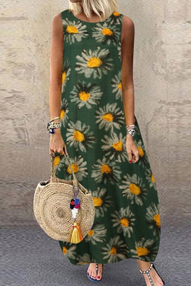Trendy Womens Dress Floral Print Relaxed Fit Long Sleeve Round Neck Maxi Sleeveless Swing Dress