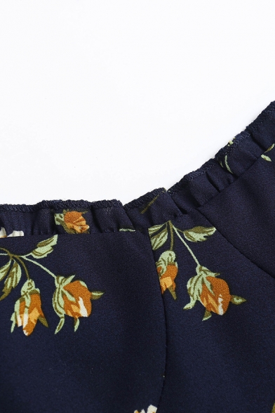 Trendy Womens Dress Flower Pattern Shirred Detail Midi Strap Sleeveless A-Line Dress