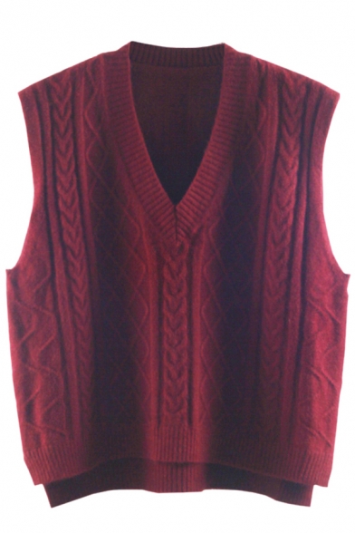 Trendy Womens Sweater Vest Plain Color Cable Knit Loose Fit V Neck Sleeveless Sweater Vest