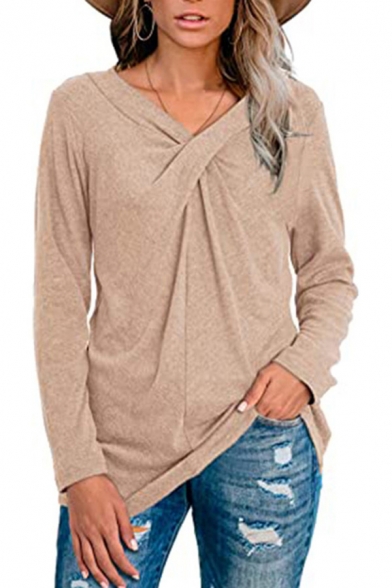 Womens Basic T Shirt Solid Color Long Sleeve Twist Front Relaxed Tee Top