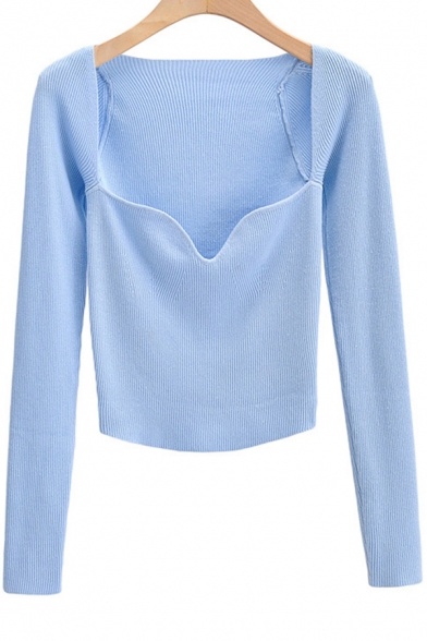 Womens Sweater Stylish Plain Color Slim Fit Square Neck Long Sleeve Pullover Sweater
